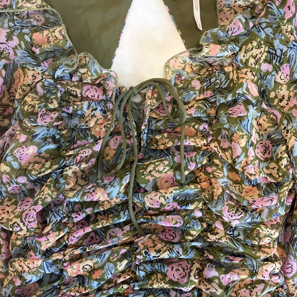 Free People Shirt Womens XS Green Floral Smocked Mabel Puff Sleeve Boho Top - Picture 3 of 7